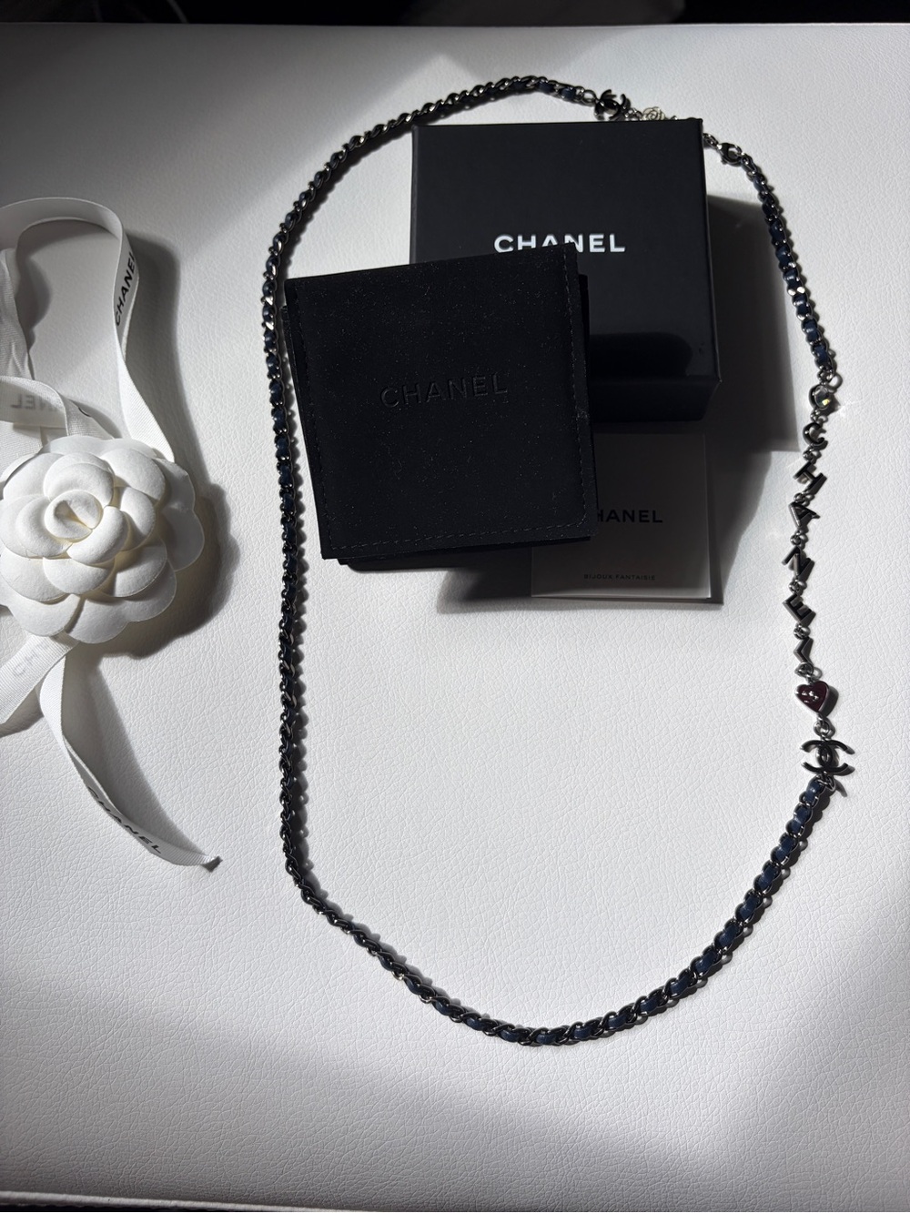 CHANEL Navy Chain Necklace/Belt  with Interwoven Leather and SilverCharm Accents